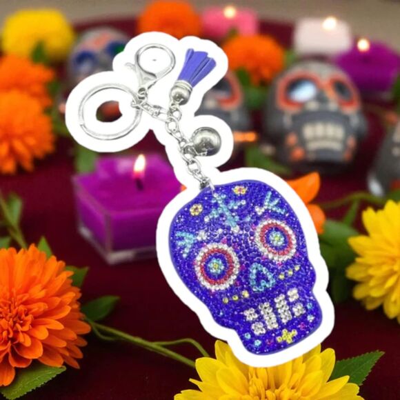 Purple-Blue Sugar Skull Rhinestone Keychain w Tassel – Día de los Muertos Style - Picture 1 of 2